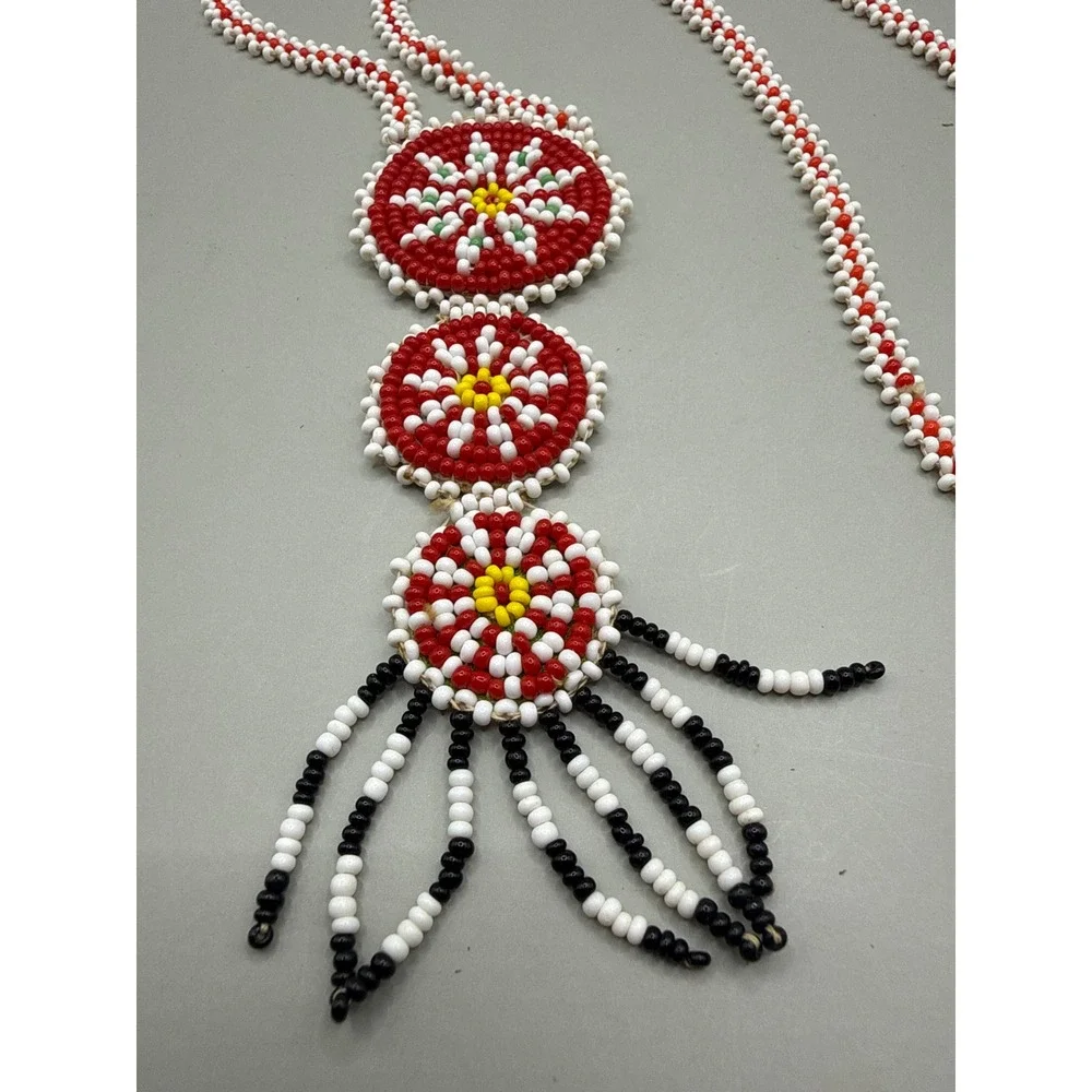 Vintage Mid Century Native American Seed Bead Medallion Fringe‎ Necklace